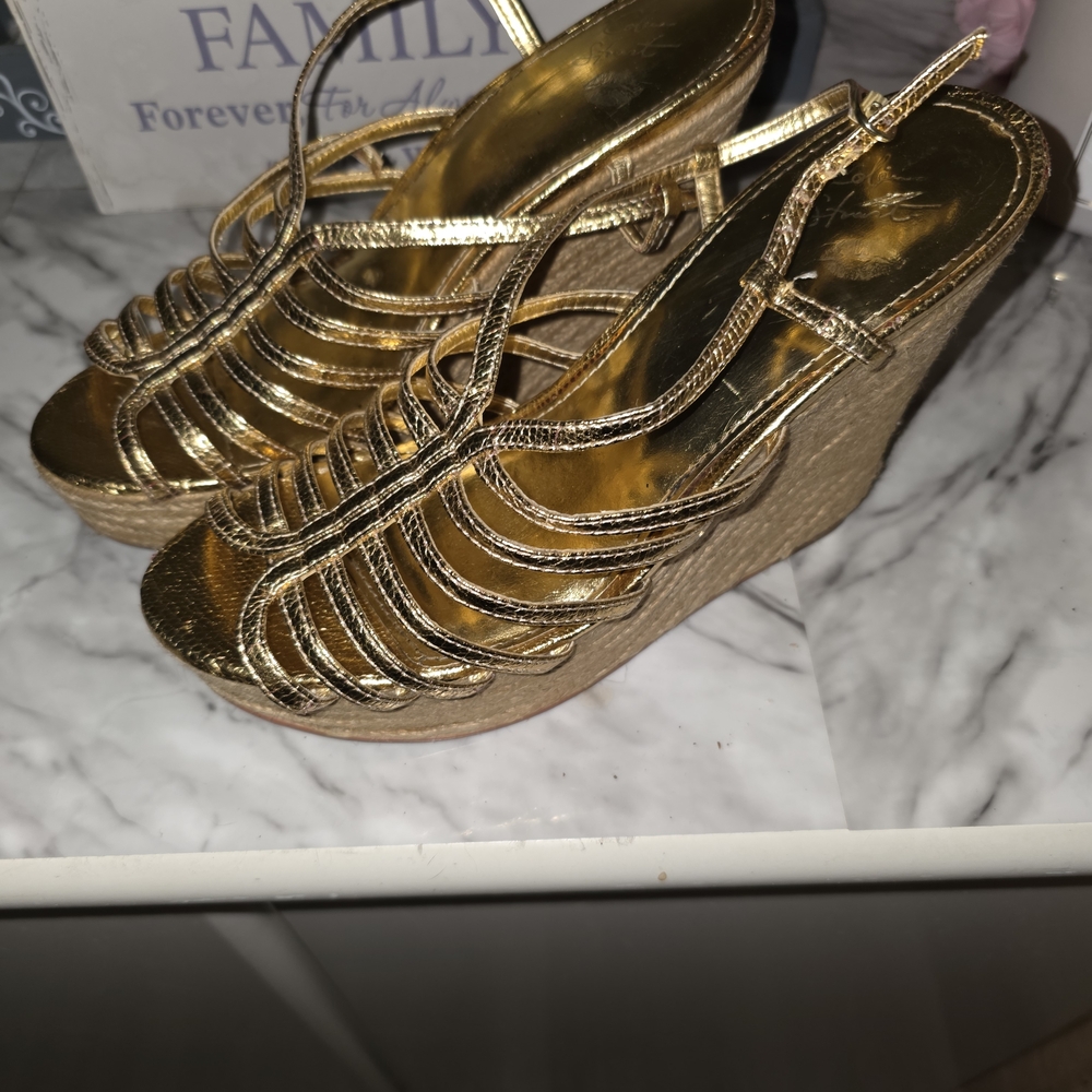 Gold Strappy Wedge Sandals